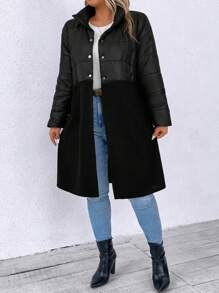 SHEIN LUNE Plus Two Tone Snap Button Front Padded Padded Coat Clothes Winter Thermal - Black - View 4
