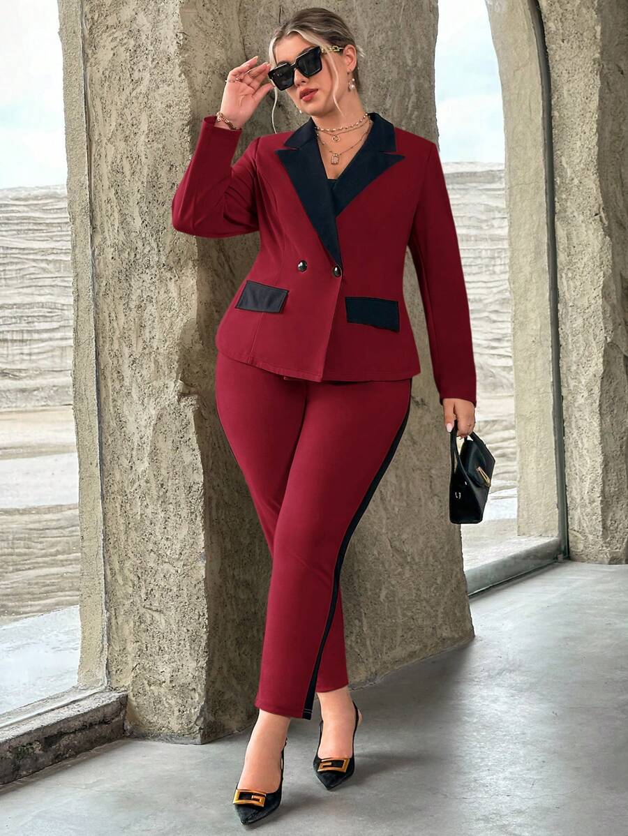 SHEIN Privé Plus Contrast Panel Peak Collar Blazer & Pants In Fall/Winter - Burgundy - View 1