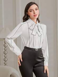 Modelyn Women's Striped Front Tie Shirt - White - View 3