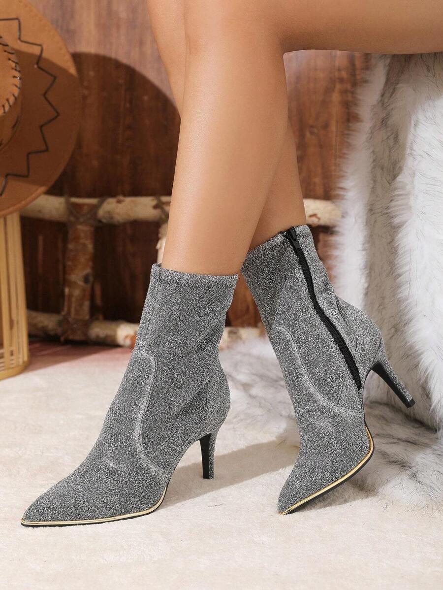 New Style Women's Pointed Toe Silver-grey Fashionable Slim High Heel Stretchy Boots - Black and White - View 1