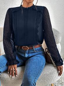 SHEIN Frenchy 圓點鏤空蕾絲花邊荷葉袖襯衫 - 藍色 - 查看 6