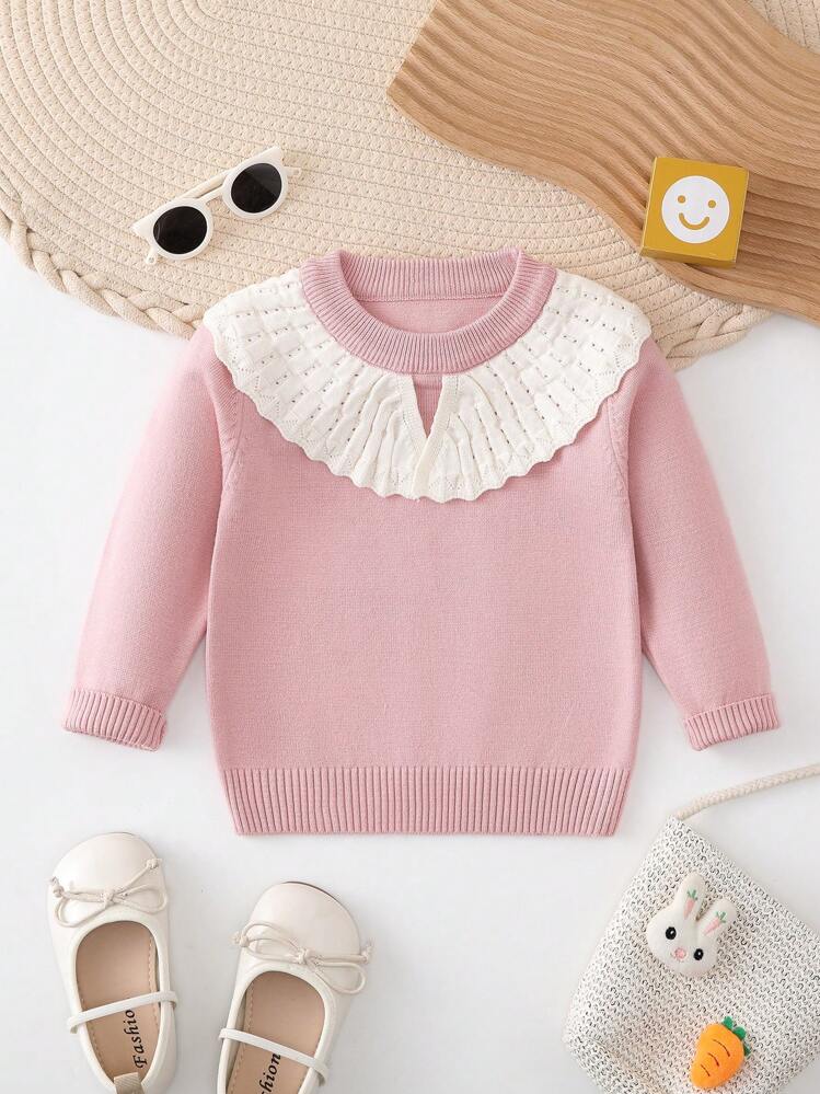 Bebé niña Jersey en contraste doblado cuello - Rosa - Añade 1