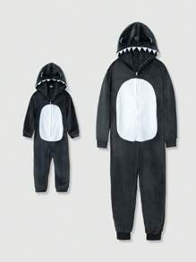 Men Shark Pattern Zip Front Fleece Hooded Loungewear Jumpsuit, For Fall Winter, Fluffy