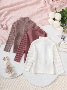 SHEIN 女小童3入組小高領羅紋針織T恤 - 彩色 - 查看 2