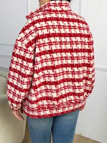 SHEIN LUNE Plus Plaid Print Drop Shoulder Teddy Jacket Fall Cloth For Women - Apricot - View 2