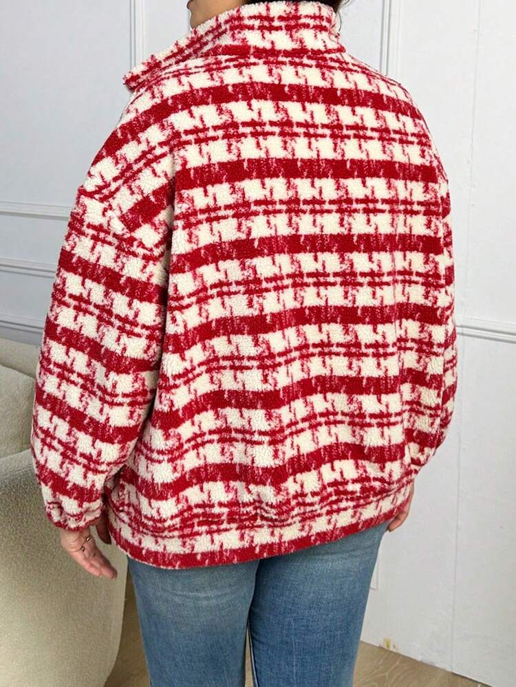 Plus Plaid Print Drop Shoulder Teddy Jacket Fall Cloth For Women