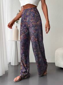 SHEIN Cottnline Paisley Print Wide Leg Pants - Blue - View 5