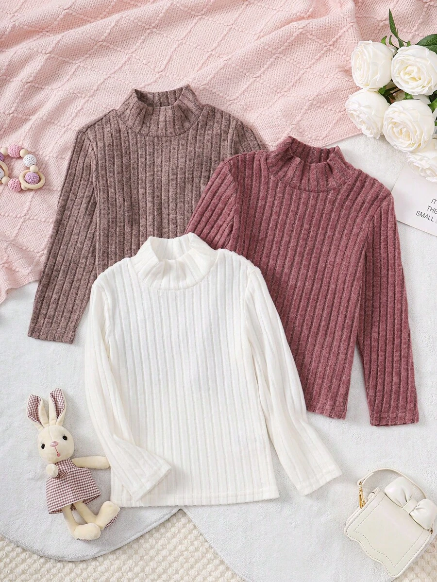 SHEIN 女小童3入組小高領羅紋針織T恤 - 彩色 - 查看 1