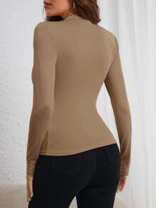COSMINA Solid Ruched Asymmetrical Neck Tee - Mocha Brown - View 2