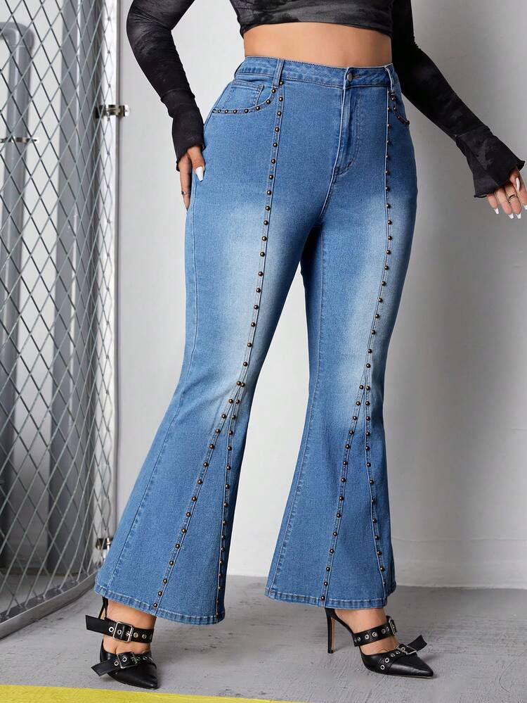 Women's Plus Size Water Washed Beaded Flared Jeans