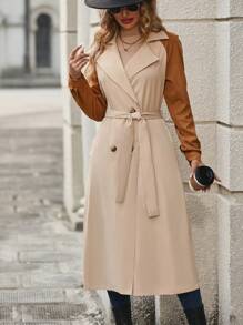 SHEIN LUNE Two Tone Double Breasted Belted Trench Coat - Khaki - View 5