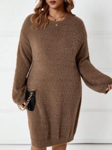 SHEIN LUNE 大碼落肩袖毛衣洋裝不附腰帶 - 駝色 - 查看 1