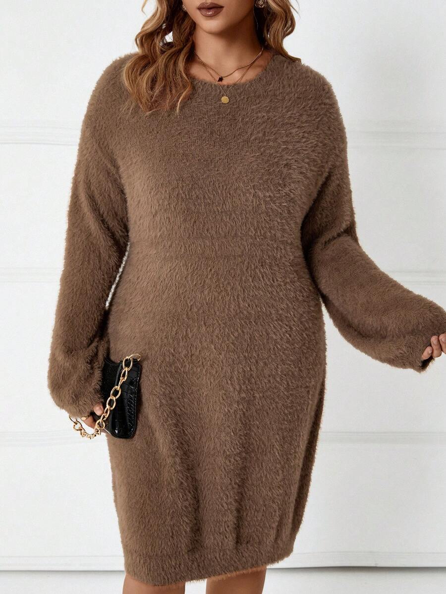 SHEIN LUNE 大碼落肩袖毛衣洋裝不附腰帶 - 駝色 - 查看 1