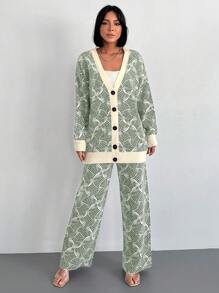 EURMUSE Allover Pattern Drop Shoulder Cardigan & Knit Pants - Mint Green - View 3