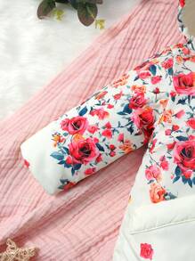 女婴花卉印花连帽棉服外套 - 粉色 - 查看 4