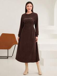 Mulvari Round Neckline A-Line Dress With Letter Pattern And Waist Fitting