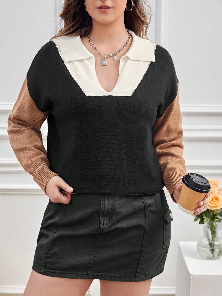 Plus Colorblock Drop Shoulder Sweater