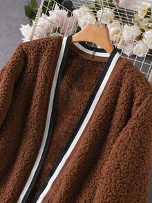 SHEIN Franclia 大碼撞色滾邊開門襟絨毛外套 - 咖啡棕 - 查看 3