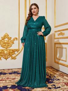 Faeriesty Đầm dạ hội tay đèn lồng cổ tròn đính sequin - Màu xanh lá cây đậm - Xem 3