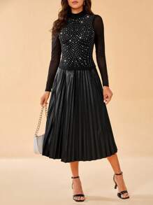 SHEIN Tall 水鑽細節網紗拼接T恤 - 黑色 - 查看 3