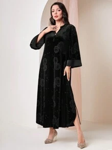 Al Najma 花卉提花凸起領口流蘇細節連衣裙 - 黑色 - 查看 3