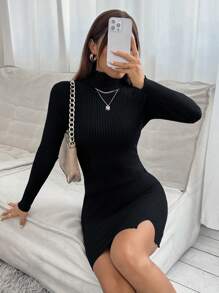 SHEIN PETITE Turtleneck Split Hem Sweater Dress - Black - View 1