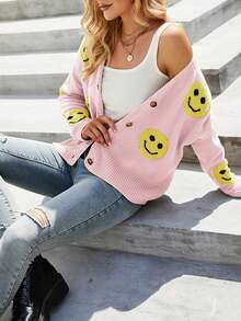 歐美女裝笑臉針織開襟長袖寬鬆針織毛衣外套 - 粉色 - 查看 3