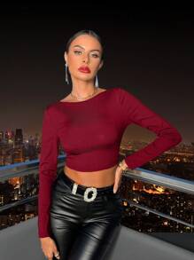 SHEIN SXY 女式性感露背長袖 T 卹 - 紅色 - 查看 2