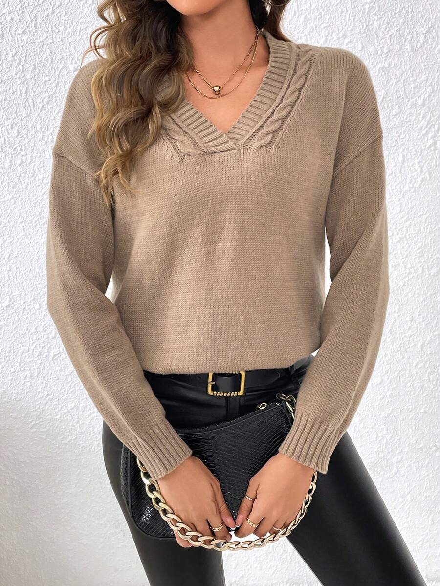 SHEIN Frenchy Màu thuần Thả vai Áo len - màu nâu - Xem 1