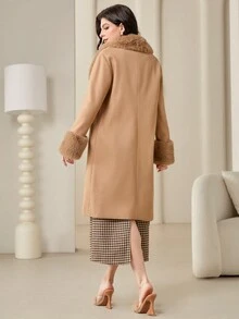 Modelyn Women's Woolen Coat With Plush Collar - Coffee Brown - View 2