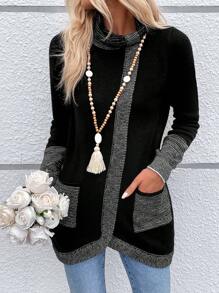 SHEIN LUNE Khối màu Cổ bò Vá Túi Viền không đối xứng Áo len - màu đen - Xem 1