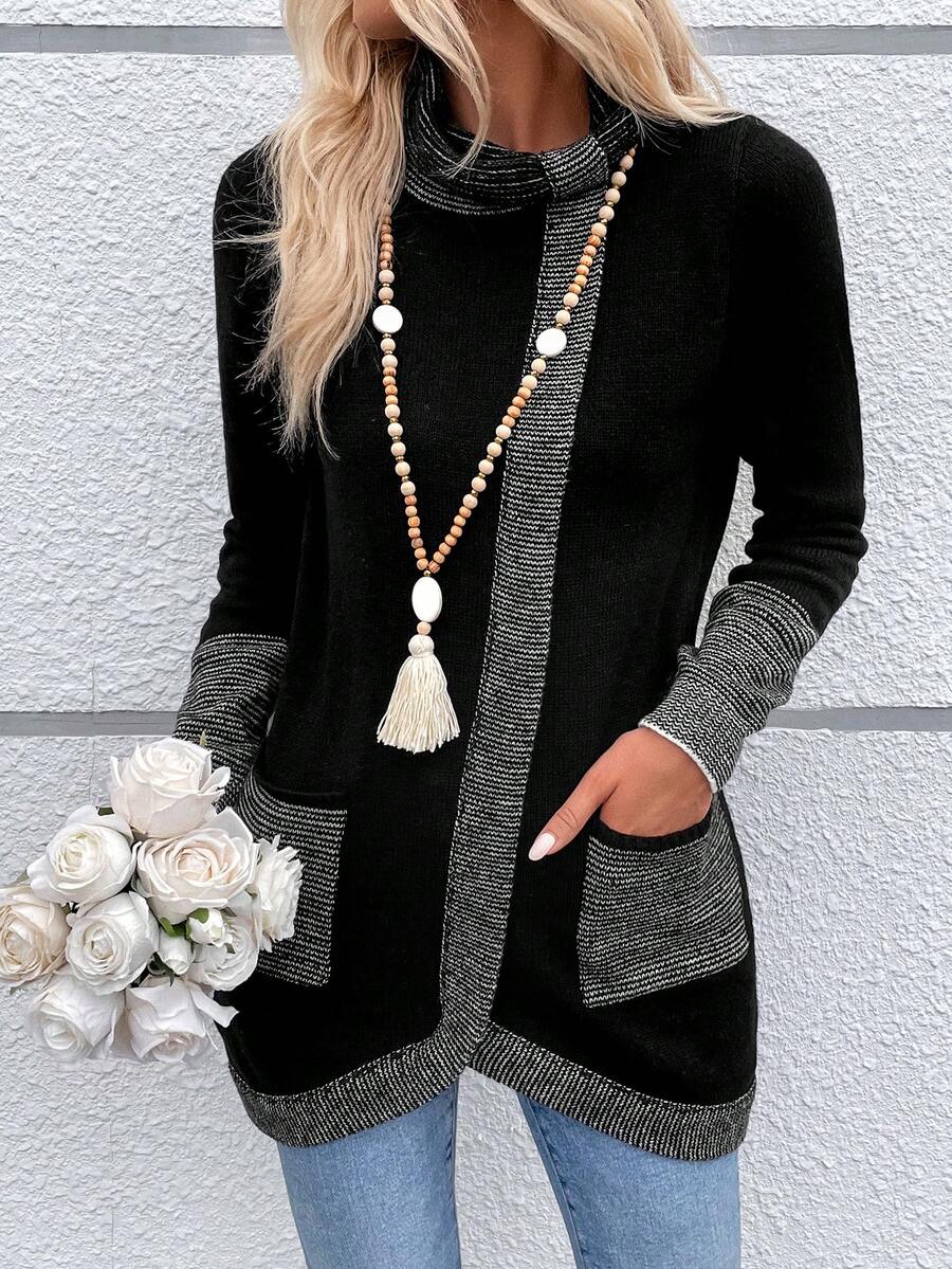 SHEIN LUNE Khối màu Cổ bò Vá Túi Viền không đối xứng Áo len - màu đen - Xem 1