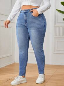 SHEIN Privé 大尺碼彈性修身牛仔褲 - 藍色 - 查看 3