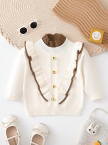 Baby Girl Ruffle Trim Mock Neck Button Detail Sweater - Apricot - View 1