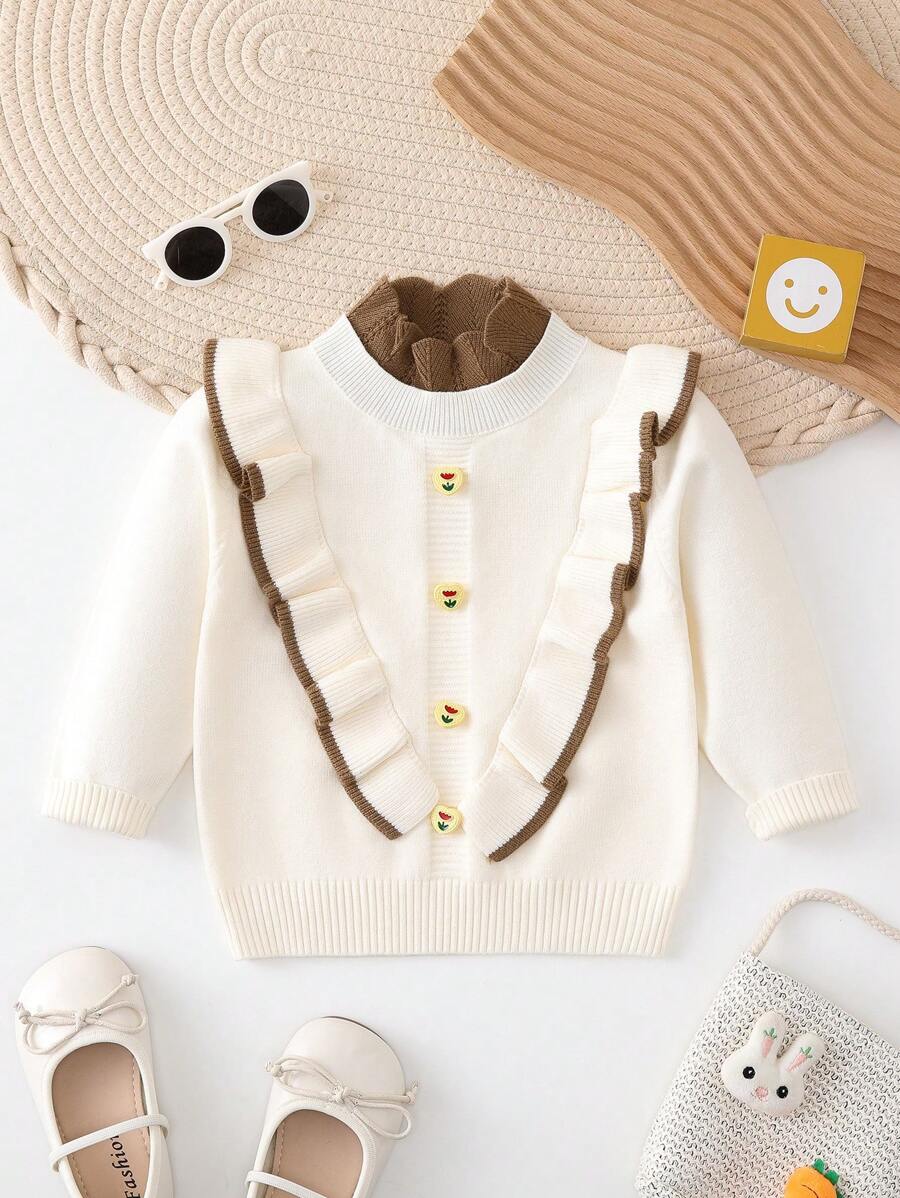 Baby Girl Ruffle Trim Mock Neck Button Detail Sweater - Apricot - View 1