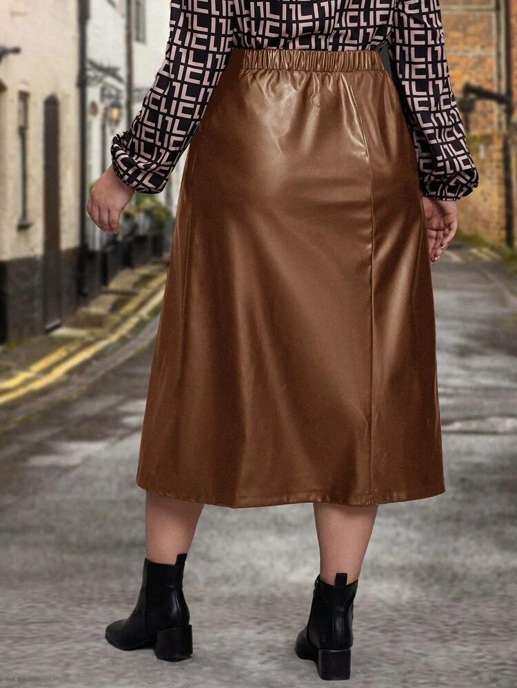 Plus Size Elastic Waist Pu Leather Skirt