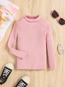 SHEIN Young Girl Turtleneck Ribbed Knit Sweater - Pink - View 1