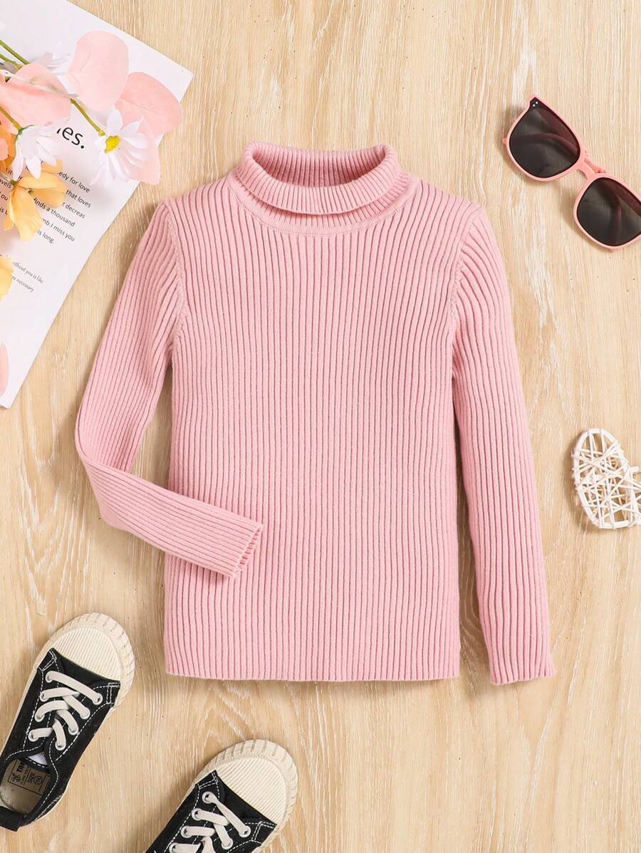 SHEIN Young Girl Turtleneck Ribbed Knit Sweater - Pink - View 1
