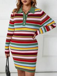 SHEIN Clasi Plus Block Striped Pattern Polo Neck Sweater Dress Fall Cloth For Women - Multicolor - View 4