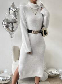 SHEIN Privé Turtleneck Drop Shoulder Split Thigh Sweater Dress - White - View 7