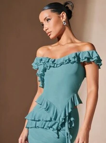 SHEIN BAE Falda con top de hombros descubiertos ribete con fruncido - Verde - Ver 3