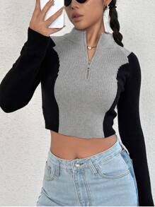 SHEIN Unity Suéter de punto con media cremallera y bloques de color para otoño e invierno - Multicolor - Ver 3