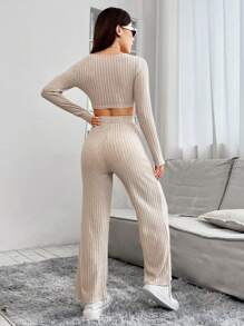 SHEIN PETITE Square Neck Crop Tee & Pants - Khaki - View 2