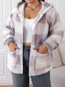 SHEIN EZwear 大碼格紋印花連帽法蘭絨外套 - 灰色 - 查看 1