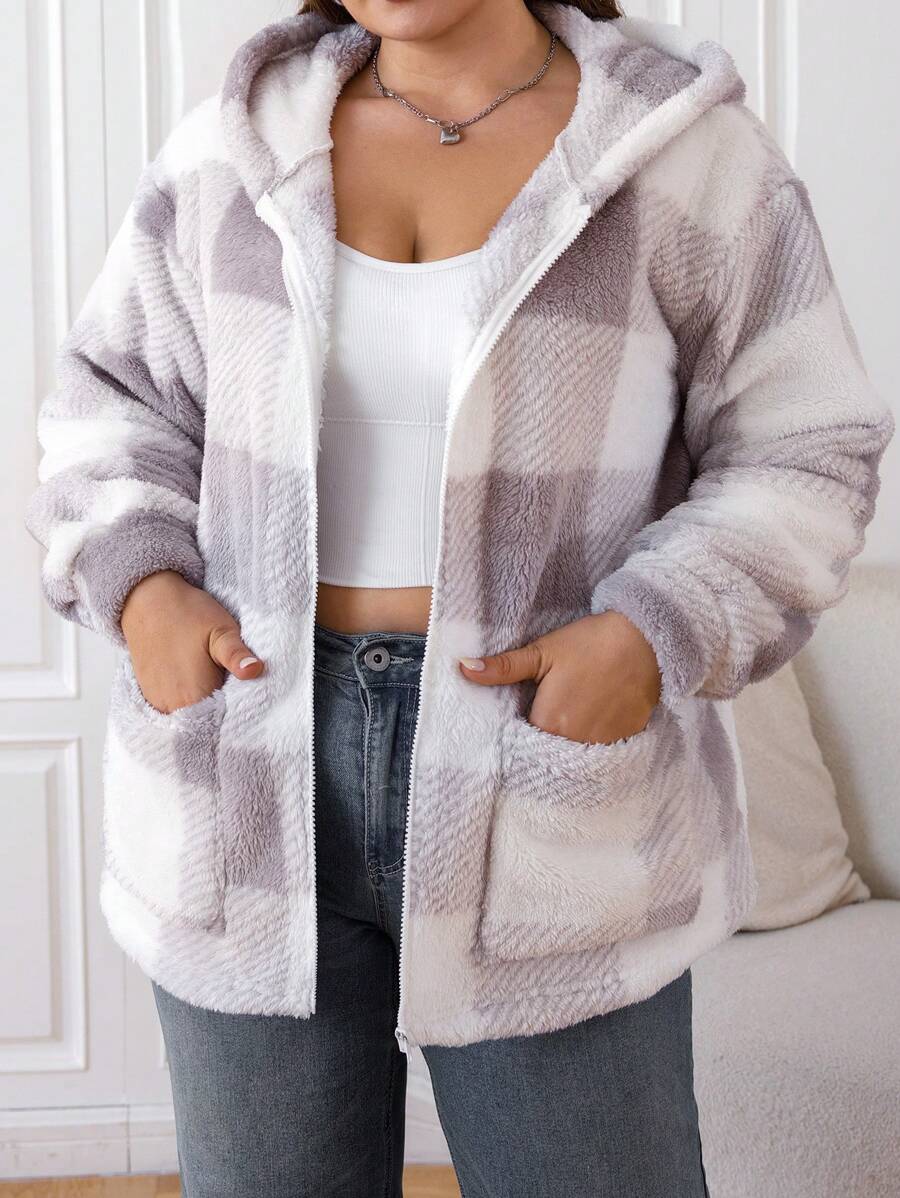 SHEIN EZwear 大碼格紋印花連帽法蘭絨外套 - 灰色 - 查看 1
