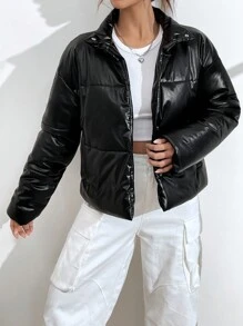 SHEIN EZwear 女士黑色编织夹棉大衣 - 黑色 - 查看 3