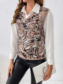 SHEIN LUNE Tiger Pattern Sweater Vest Without Blouse - Brown - View 3
