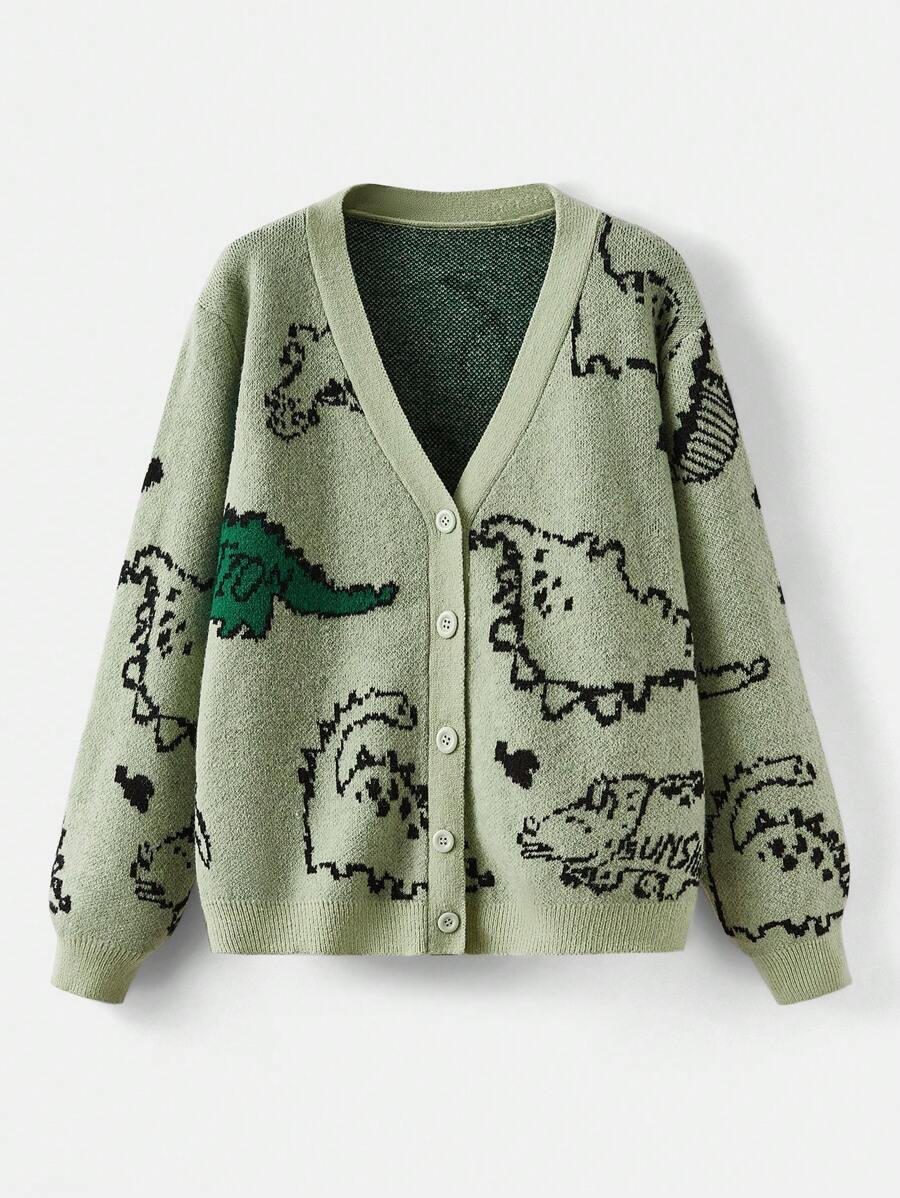 Sunspun Plus Dinosaur Pattern Drop Shoulder Button Front Cardigan, Winter Fall Cloth For Women Autumn