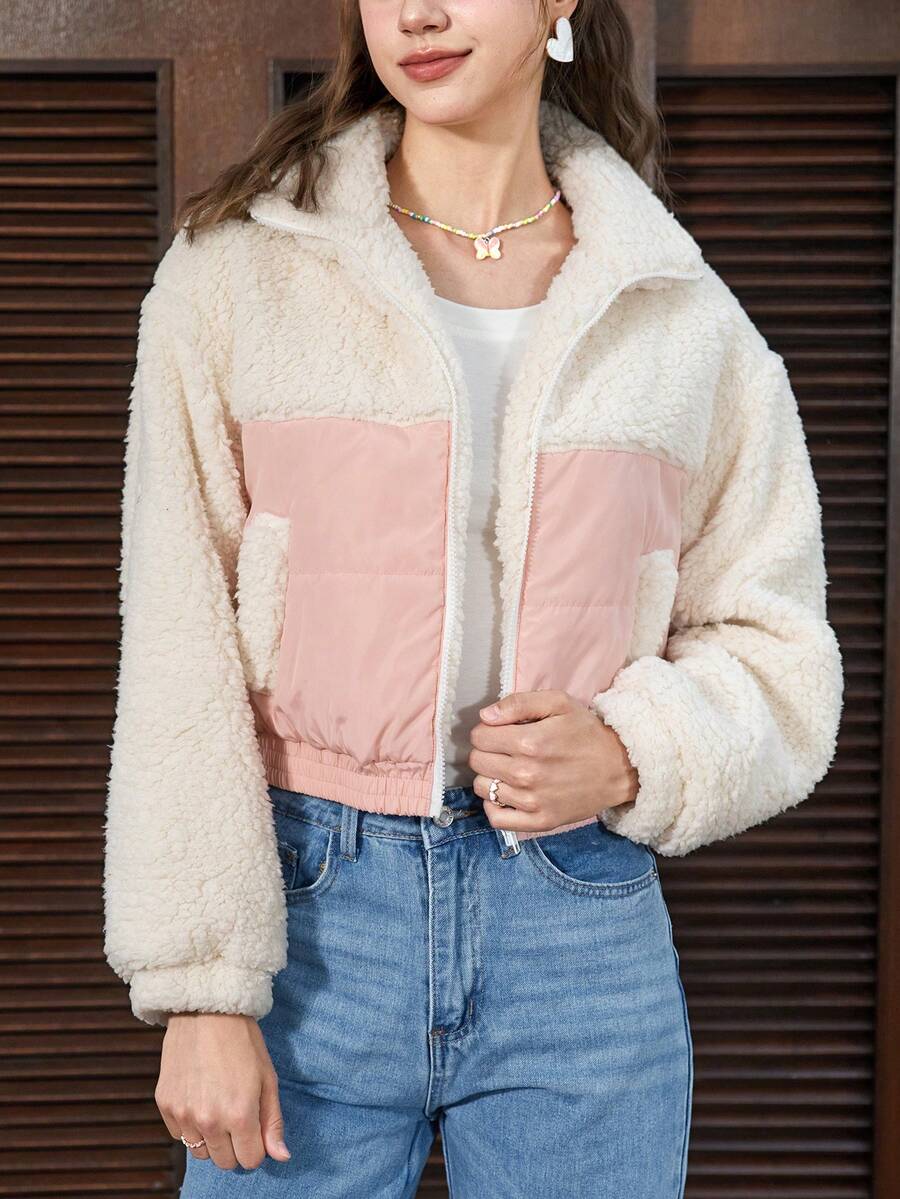 SHEIN EZwear 双色拉链泰迪夹棉大衣 - 白色 - 查看 1
