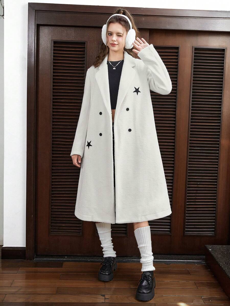 SHEIN EZwear 女士們雙排扣毛織品外套帶星星圖案